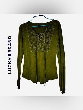 Lucky Brand🍀 Olive Lace-Up Embroidered Long Sleeve Tee